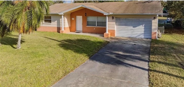 single story home with a front lawn, a garage, and central air condition unit