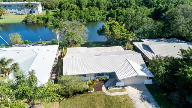 aerial view featuring a water view