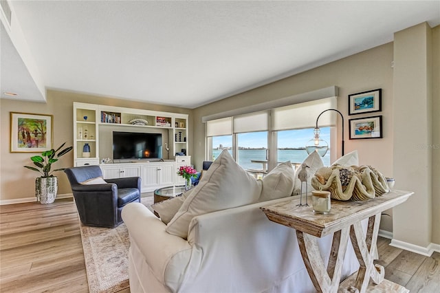 living room featuring a water view and light hardwood / wood-style floors