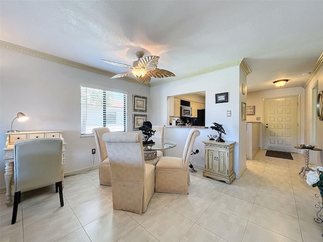 interior space with a textured ceiling, ceiling fan, light tile floors, and ornamental molding