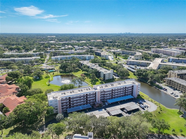 bird's eye view with a water view