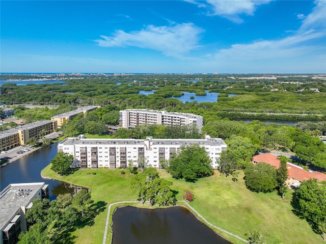 aerial view featuring a water view