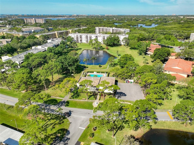 bird's eye view with a water view