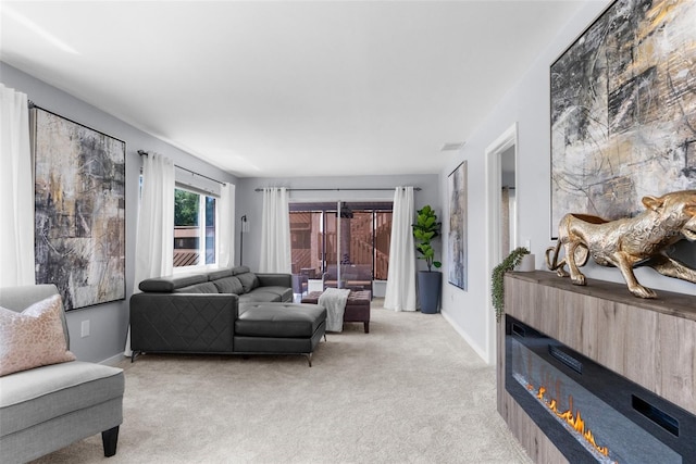 living room with light colored carpet