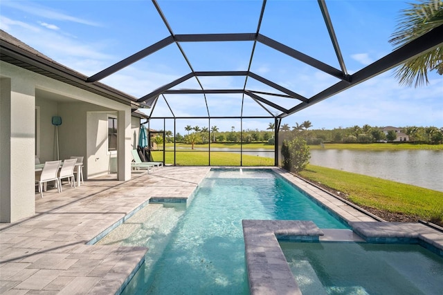 view of pool featuring a water view, a yard, glass enclosure, and a patio