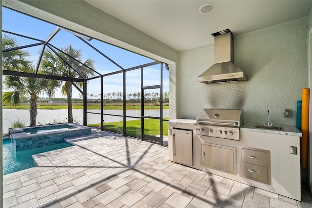 exterior space featuring area for grilling, a lanai, a water view, and a patio area