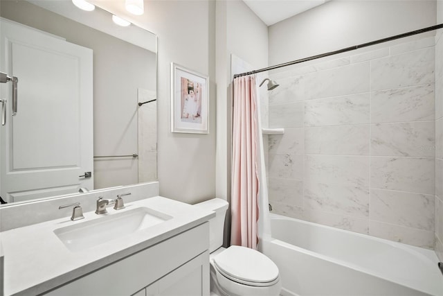 full bathroom featuring shower / bath combination with curtain, toilet, and large vanity