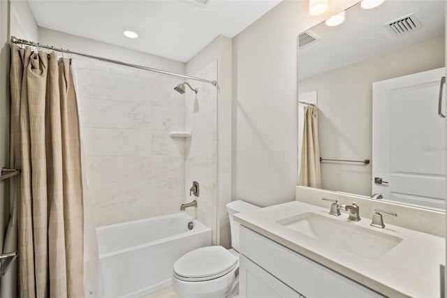 full bathroom with toilet, oversized vanity, and shower / bath combination with curtain