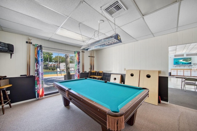 playroom with a drop ceiling, light carpet, and pool table