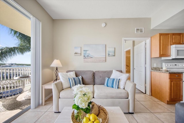 tiled living room featuring a healthy amount of sunlight