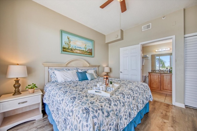 bedroom featuring light wood-type flooring and ceiling fan