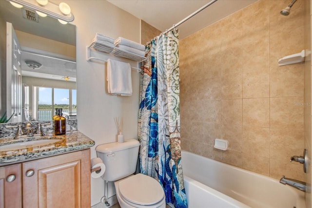 full bathroom with vanity, shower / bathtub combination with curtain, and toilet