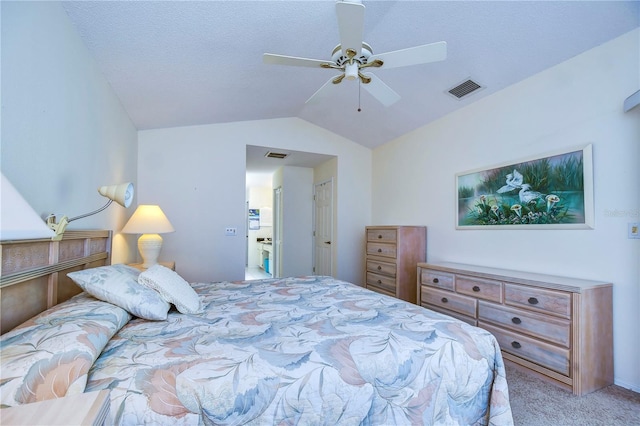 carpeted bedroom with ceiling fan and lofted ceiling