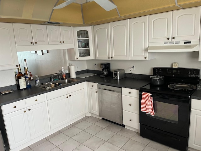 kitchen featuring stainless steel dishwasher, black / electric stove, light tile floors, sink, and white cabinets