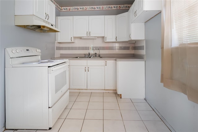 kitchen featuring white cabinetry, tasteful backsplash, sink, and electric range