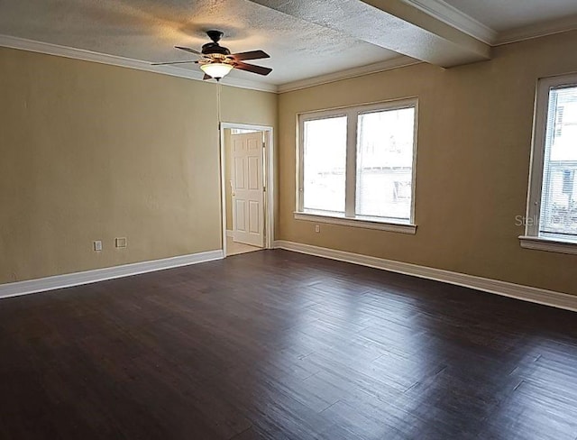 empty room with dark hardwood / wood-style flooring, ceiling fan, crown molding, and a textured ceiling