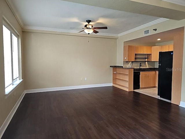 kitchen featuring ceiling fan, black appliances, dark wood-type flooring, light brown cabinetry, and ornamental molding