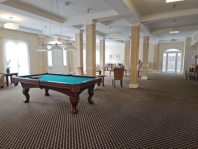 rec room featuring a healthy amount of sunlight, carpet flooring, pool table, and decorative columns