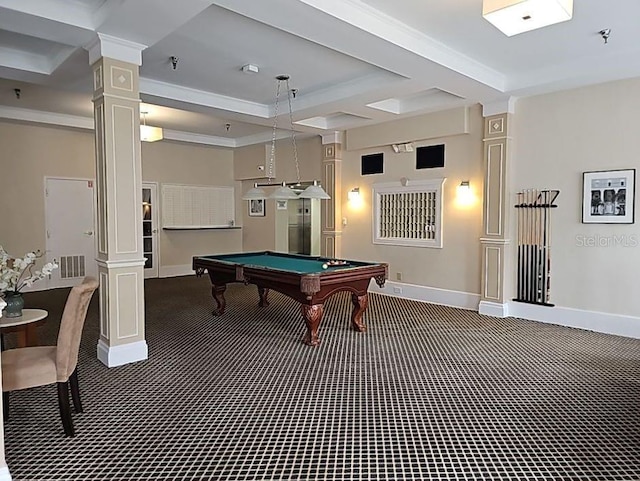 game room with decorative columns, pool table, carpet, and ornamental molding