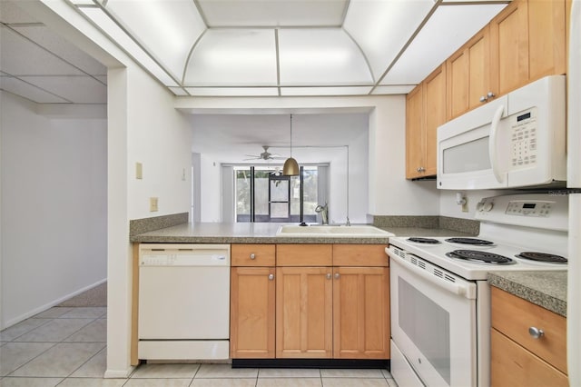 kitchen with white appliances, ceiling fan, sink, and light tile floors