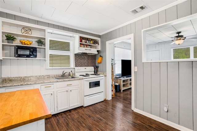 kitchen featuring ceiling fan, white cabinetry, white electric stove, wood counters, and dark hardwood / wood-style floors