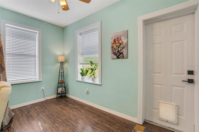 interior space featuring a wealth of natural light, dark hardwood / wood-style flooring, and ceiling fan