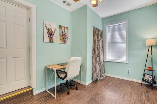 office space with wood-type flooring and ceiling fan