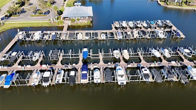 drone / aerial view with a water view