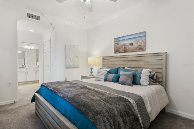 bedroom featuring crown molding, baseboards, visible vents, and carpet floors