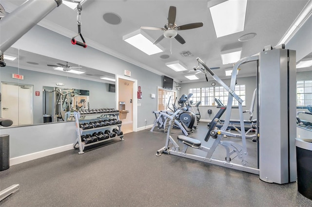 workout area with ornamental molding, plenty of natural light, and ceiling fan