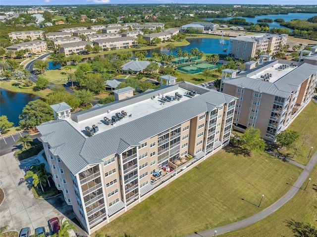 bird's eye view with a water view