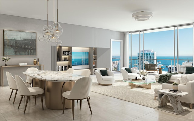 tiled dining room with floor to ceiling windows, a water view, and an inviting chandelier