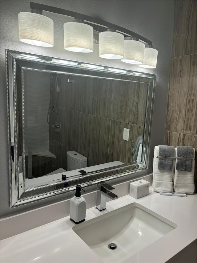 full bathroom with toilet, vanity, and walk in shower