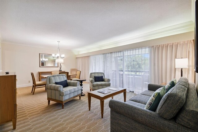 carpeted living room with ornamental molding, a chandelier, and a textured ceiling