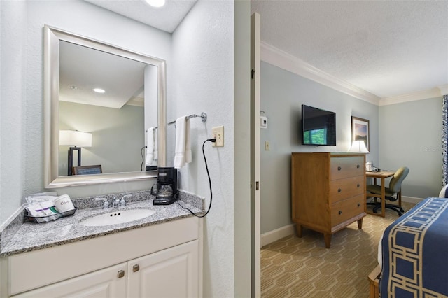 bathroom with vanity, tile floors, and ornamental molding