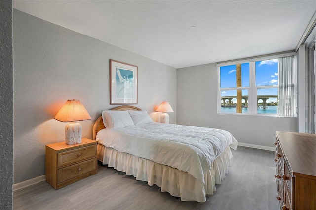 bedroom with light hardwood / wood-style flooring and a water view