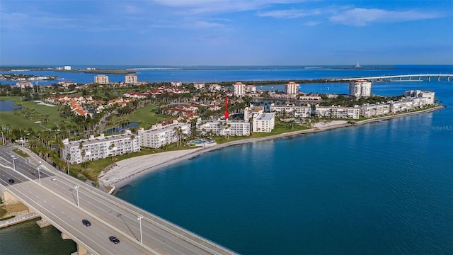 bird's eye view with a water view