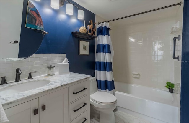 full bathroom with vanity with extensive cabinet space, shower / bath combo with shower curtain, tasteful backsplash, tile floors, and toilet