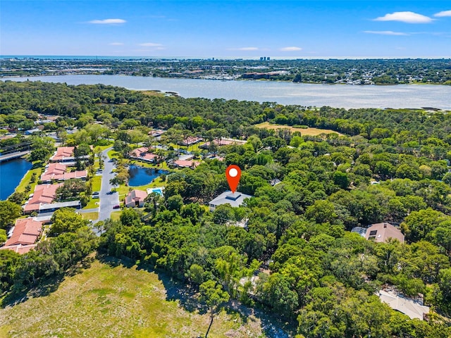 bird's eye view with a water view