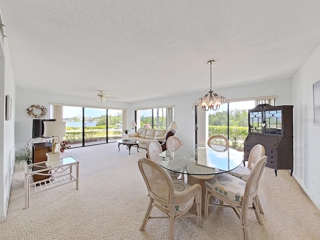 carpeted dining room featuring a textured ceiling, a healthy amount of sunlight, and ceiling fan with notable chandelier