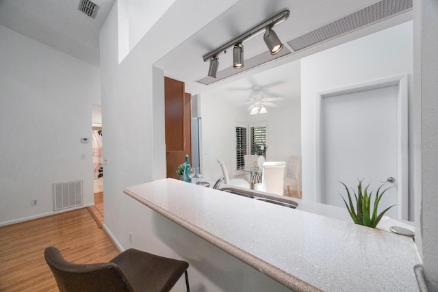 kitchen featuring ceiling fan, rail lighting, light hardwood / wood-style flooring, and sink