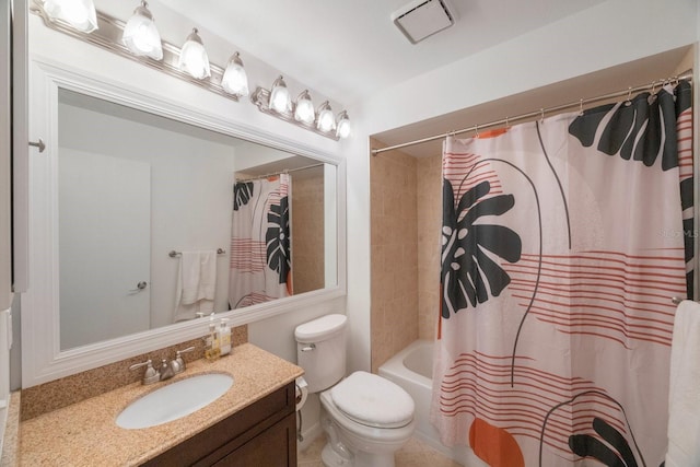 full bathroom with tile patterned flooring, shower / bath combo, toilet, and vanity