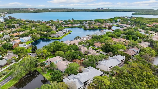 bird's eye view featuring a water view and a residential view