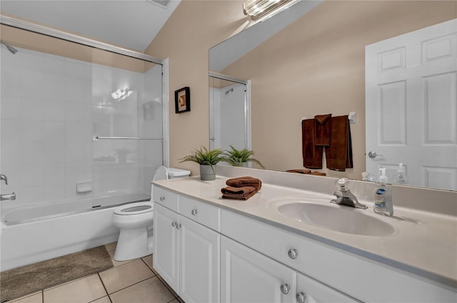 full bathroom with tub / shower combination, tile patterned flooring, vanity, toilet, and lofted ceiling