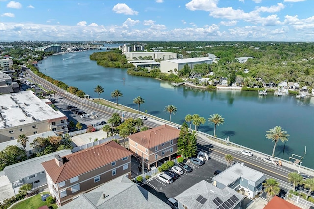 bird's eye view with a water view