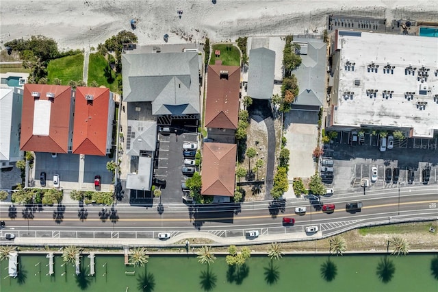 drone / aerial view with a water view