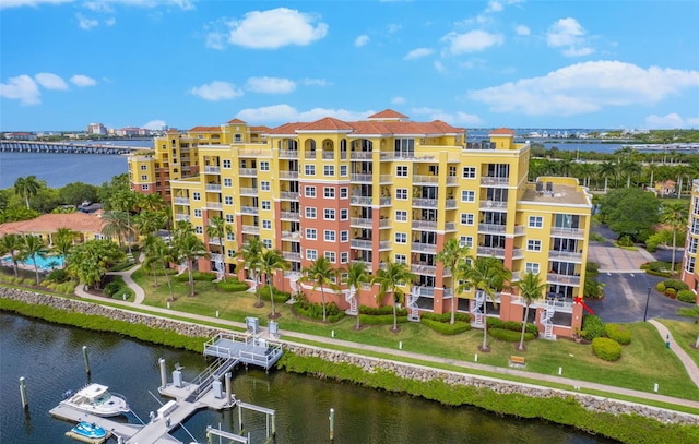 view of building exterior with a water view