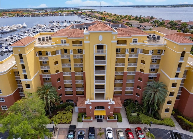 view of building exterior featuring a water view