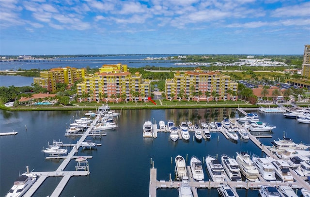 drone / aerial view with a water view