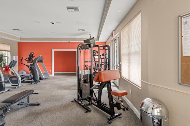 exercise room featuring carpet floors and crown molding